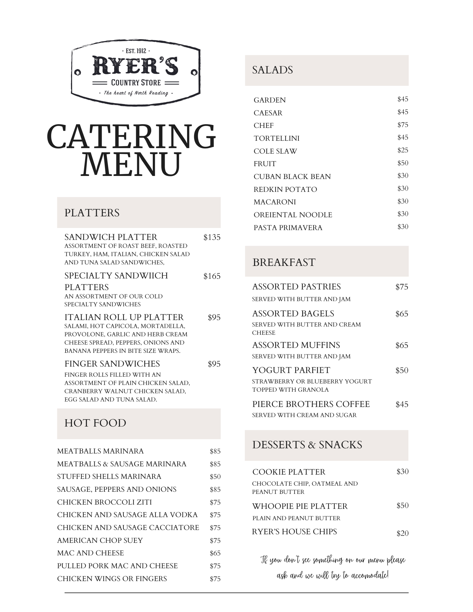 Ryer's Catering Menu